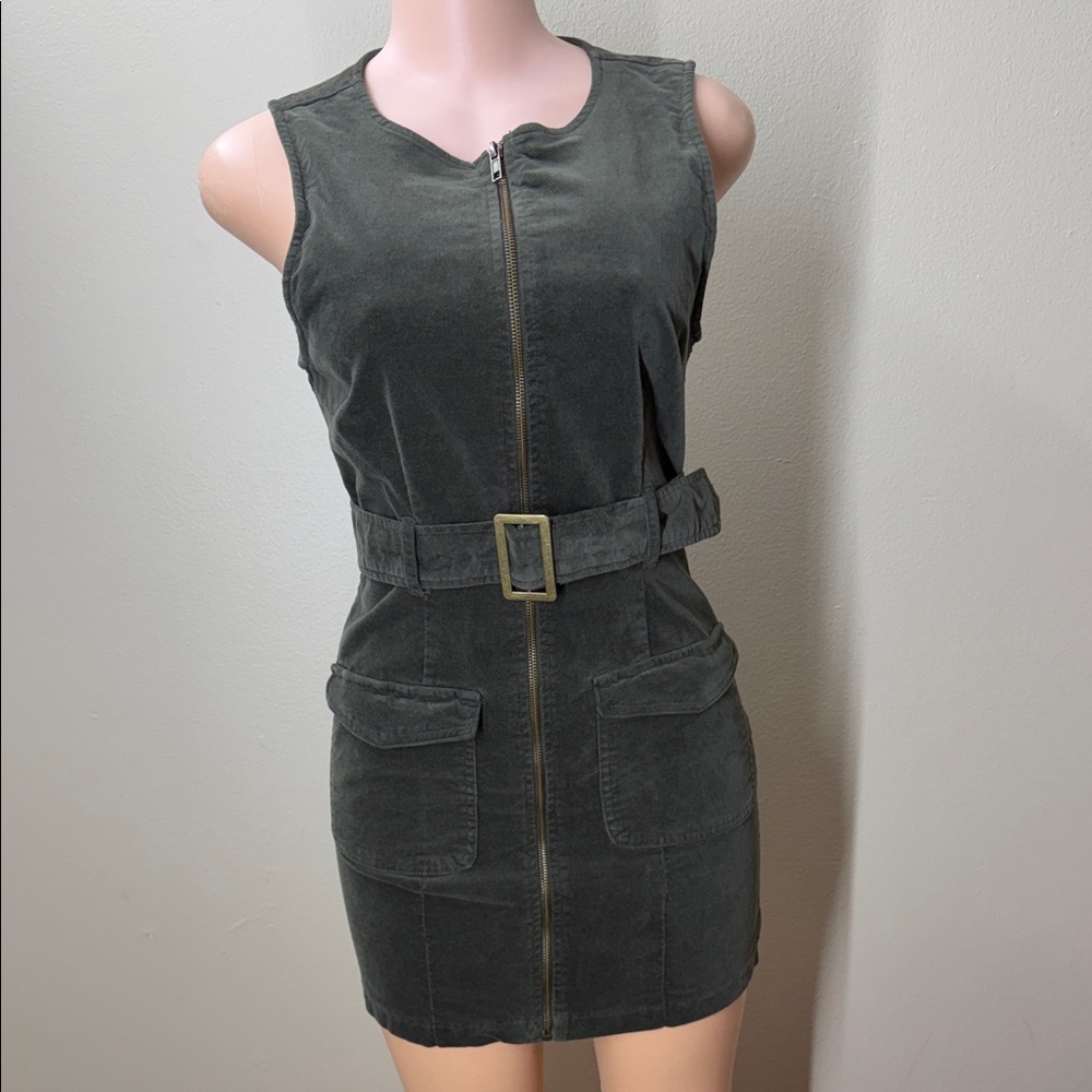 Forever 21 Olive Green Sleeveless Zip Front Mini Dress with Belt